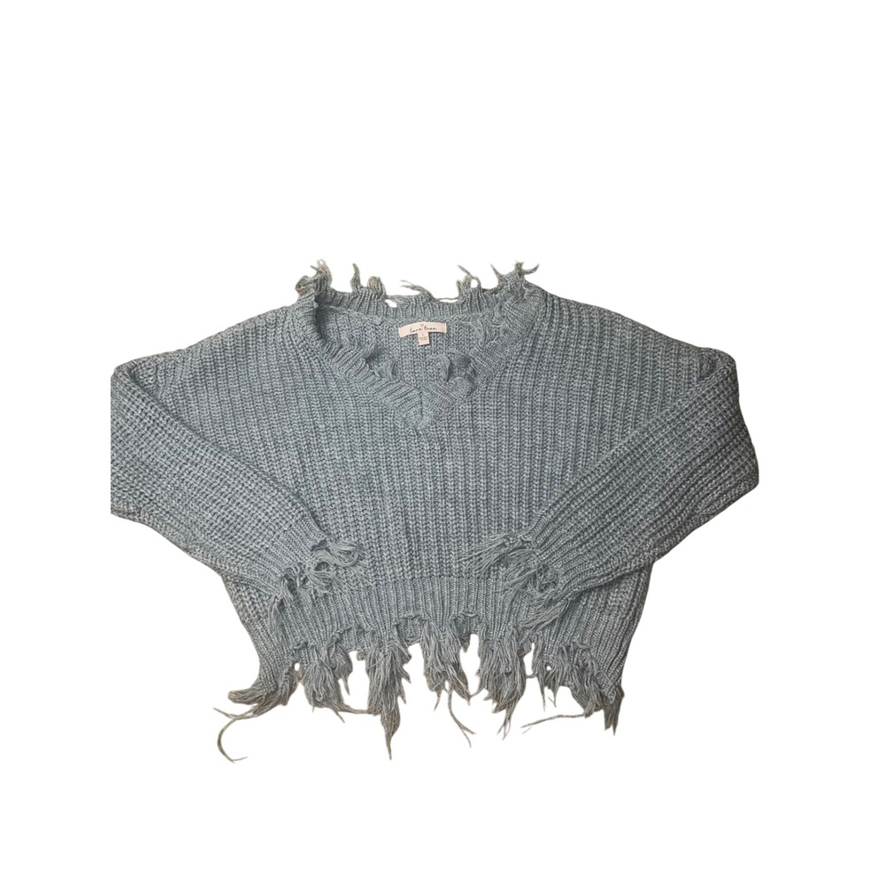 Love Tree Womens Grey Distressed V-Neck Cropped Chunky Ribbed Knit Sweater L